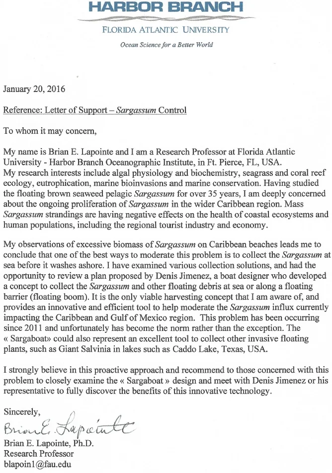 Support letter from Brian LAPOINTE - Harbor Branch - Florida Atlantic University Support letter from Brian LAPOINTE - Harbor Branch - Florida Atlantic University